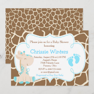 Invitation Bébé Garçon Mignon Girafe Fête Prénatale Bleue