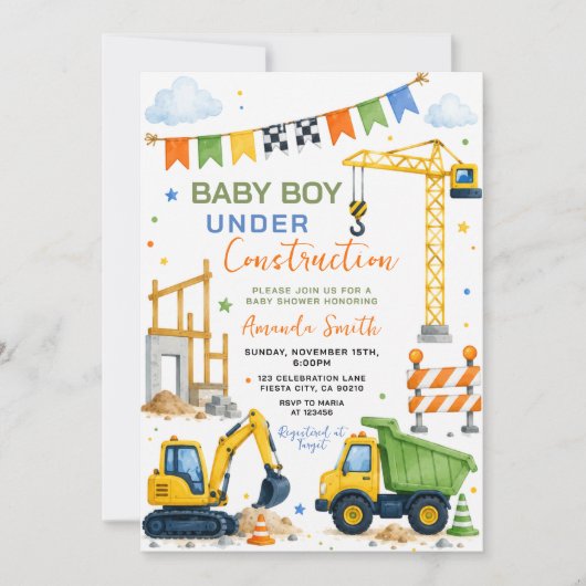 Invitation Bébé Garçon Mignon Sous Chantier de Construction B (Devant)