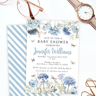 Invitation Bébé garçon papillon fleur sauvage bleue shower