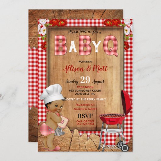 Invitation Bébé Garçon Rouge En vichy Fleurs de bois Bébé Q B (Devant / Derrière)