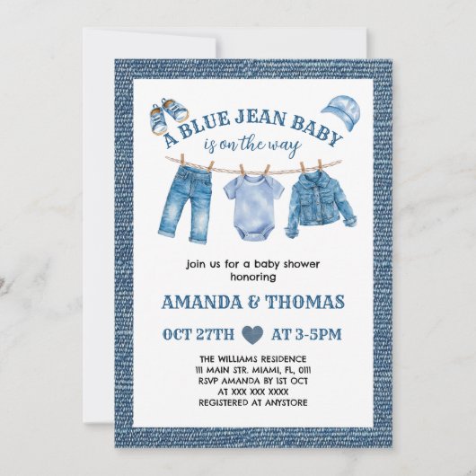Invitation Bébé garçon shower Jean Bleu (Devant)