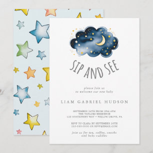 Invitation Bébé Garçon Sip and See Lune et Étoiles
