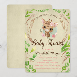 Invitation Bébé girafe mignon, feuilles