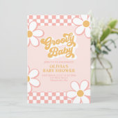 Invitation Bébé Groovy Rétro à pois rose Daisy (Debout devant)