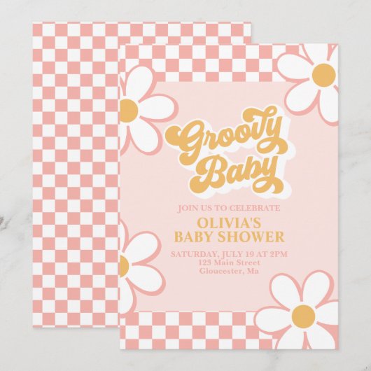 Invitation Bébé Groovy Rétro à pois rose Daisy (Devant / Derrière)