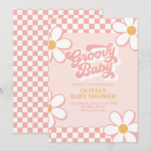 Invitation Bébé Groovy Rétro à pois Rose Daisy