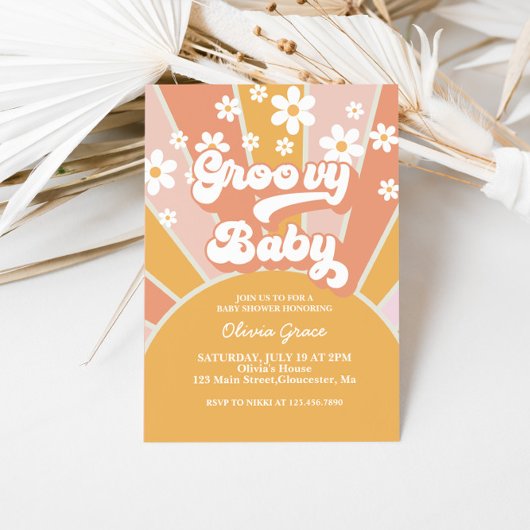 Invitation Bébé Groovy Rétro Soleil Fête de Naissance Daisy