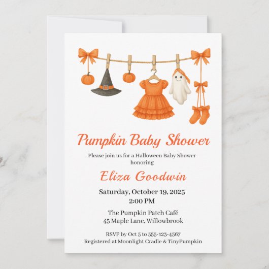 Invitation Bébé Halloween Fille | Petite Sorcière Citrouille (Devant)