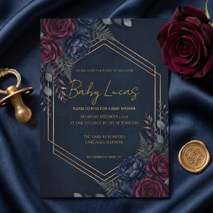 Invitation Bébé Hexagone Foncé Floral Navy Bourgogne Or Mélan