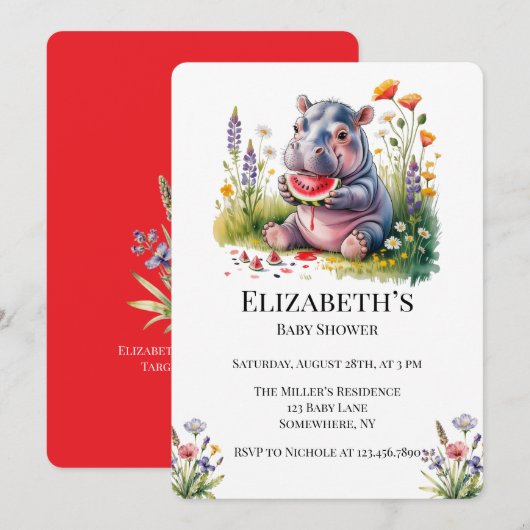 Invitation Bébé Hippopotame Mignon Baby Shower Pastèque (Devant / Derrière)