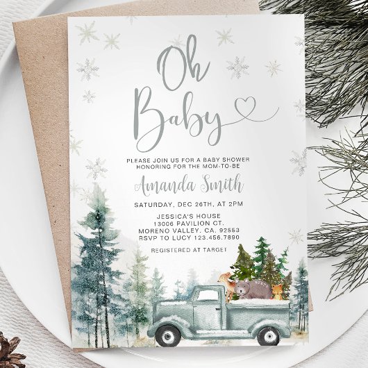 Invitation Bébé hiver Rustique Camion Baby shower de flocons 
