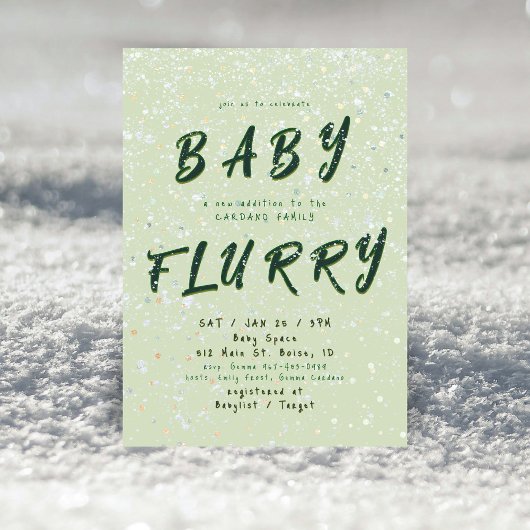 Invitation Bébé Hiver | Vert Flurry de Neige