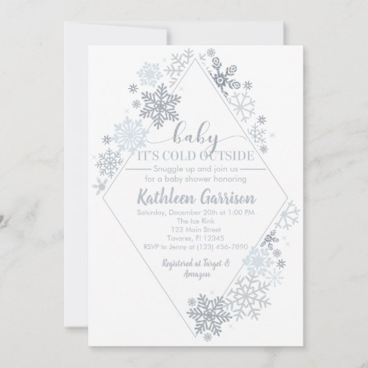 Invitation Bébé Il fait froid à l'extérieur Silver Snowflake (Devant)