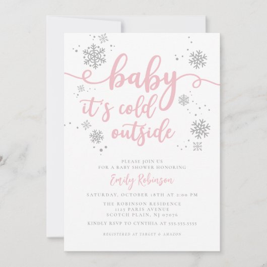 Invitation Bébé Il fait froid | Baby shower rose Fille de Feu (Devant)