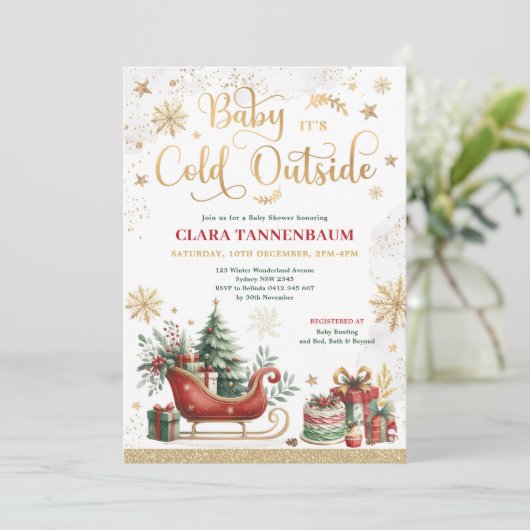 Invitation Bébé Il fait froid dehors Baby shower de Noël roug (Debout devant)