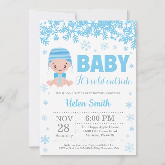 Invitation Bébé il fait froid dehors Fête de bébé garçon bleu (Devant)