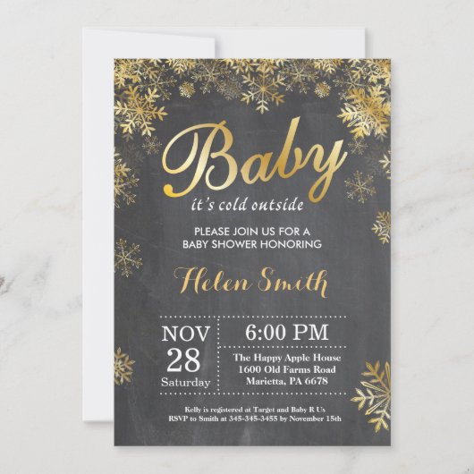 Invitation Bébé il fait froid dehors Fête de bébé Hiver Or (Devant)