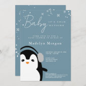 Invitation Bébé Il fait froid dehors Hiver Bleu mou Pingouin (Devant / Derrière)