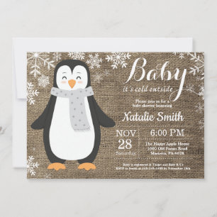 Invitation Bébé il fait froid dehors Pingouin Burlap Baby Sho