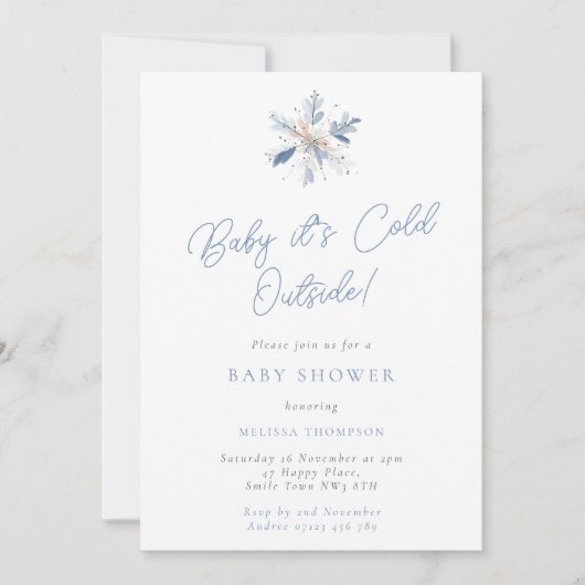 Invitation Bébé il fait froid Flocon de neige bleu et blanc B (Devant)