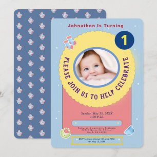 Invitation Bébé jaune bleu Première fête d'anniversaire Perso