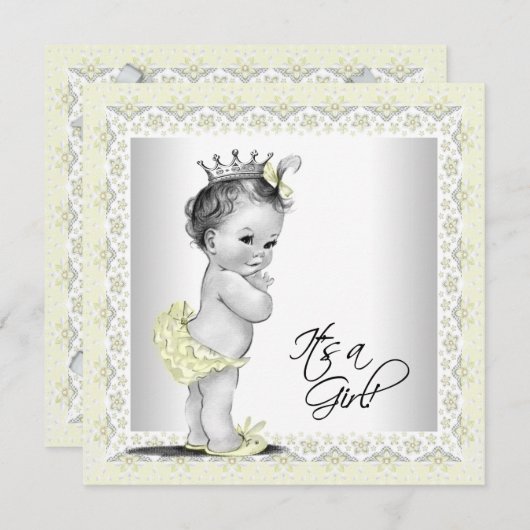 Invitation Bébé jaune et gris Douche fille (Devant / Derrière)