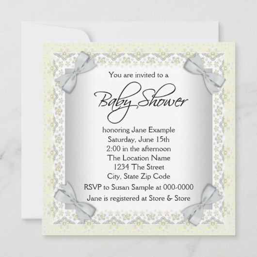 Invitation Bébé jaune et gris Douche fille (Dos)