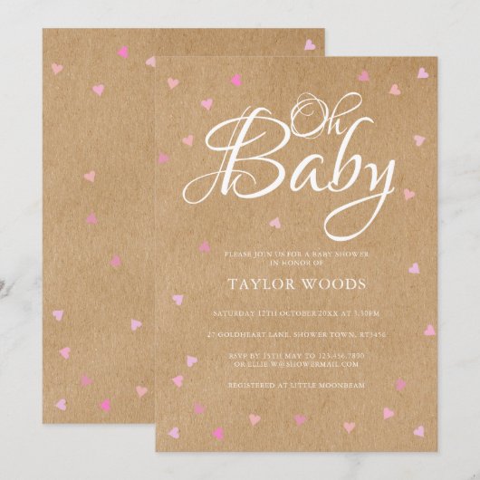 Invitation Bébé joli coeur rose Baby shower Boho rustique (Devant / Derrière)