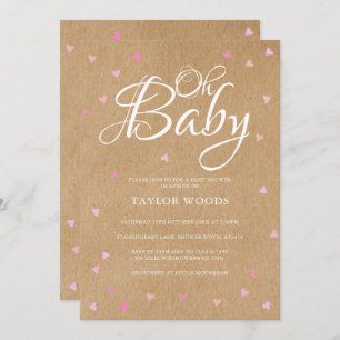 Invitation Bébé joli coeur rose Baby shower Boho rustique