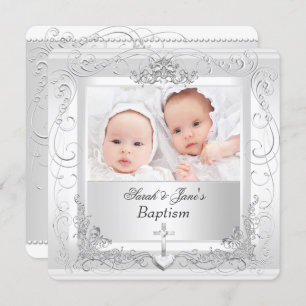Invitation Bébé jumeau fille garçon Christening Baptême Blanc