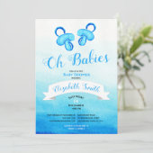 Invitation Bébé jumeau garçon aquarelle babyshower (Debout devant)
