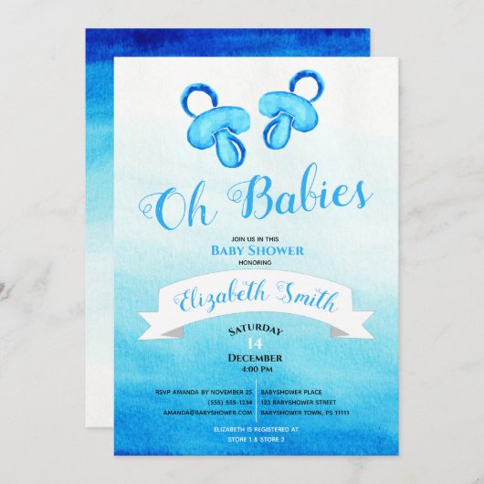 Invitation Bébé jumeau garçon aquarelle babyshower (Devant / Derrière)