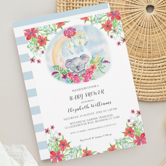 Invitation bébé koala à l'aquarelle avec lune