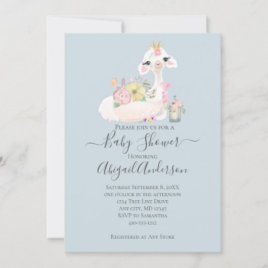 Invitation Bébé lama avec fleurs blanches et bleues bébé garç (Devant)