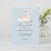 Invitation Bébé lama avec fleurs blanches et bleues bébé garç (Debout devant)