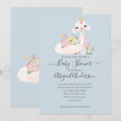 Invitation Bébé lama avec fleurs blanches et bleues bébé garç (Devant / Derrière)