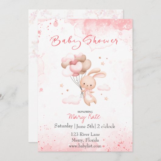 Invitation Bébé lapin avec ballons bébé fille (Devant / Derrière)