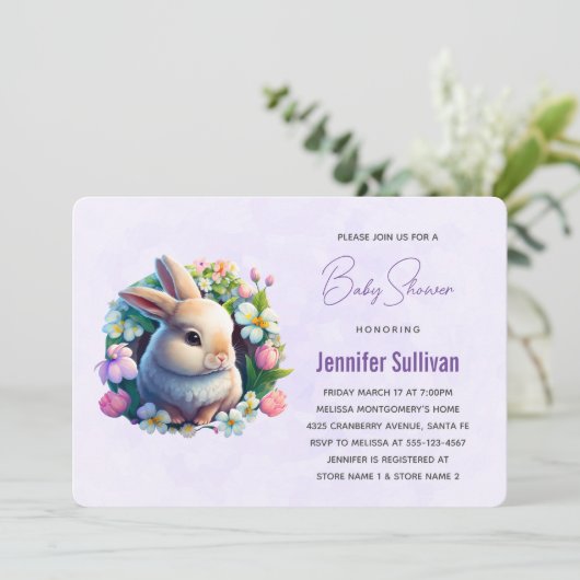 Invitation Bébé Lapin dans Fleurs Printanières Baby Shower (Debout devant)