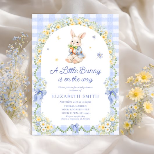 Invitation Bébé Lapin Mignon Gingham Garçon Baby Shower