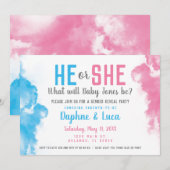 Invitation Bébé : le genre révèle la fumée Bombe bleue et ros (Devant / Derrière)