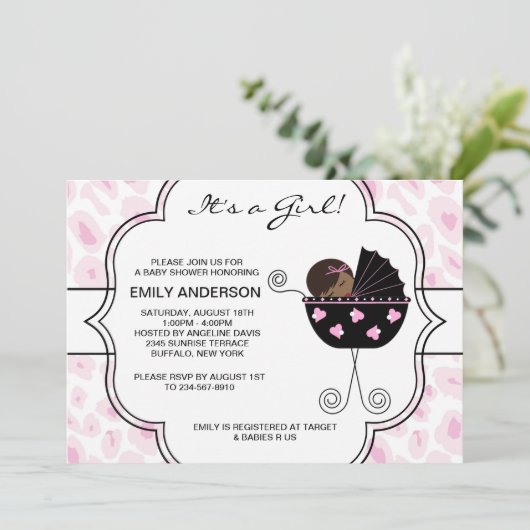 Invitation Bébé Léopard rose Noir Douche fille (Debout devant)