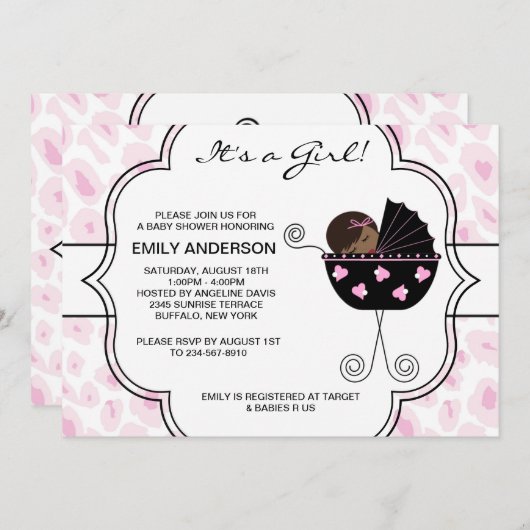 Invitation Bébé Léopard rose Noir Douche fille (Devant / Derrière)