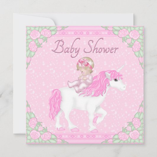 Invitation Bébé, licorne et Baby shower rose Rose (Devant)