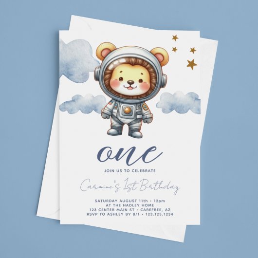 Invitation Bébé Lion Astronaut 1er anniversaire