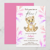 Invitation Bébé lion rugissant bébé fille 1er anniversaire (Devant / Derrière)