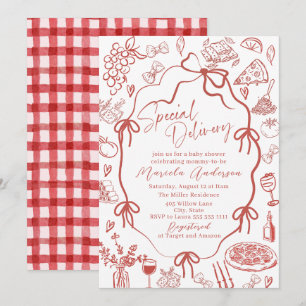 Invitation Bébé Livraison Spéciale Pâtes Rouges Aquarelle Élé
