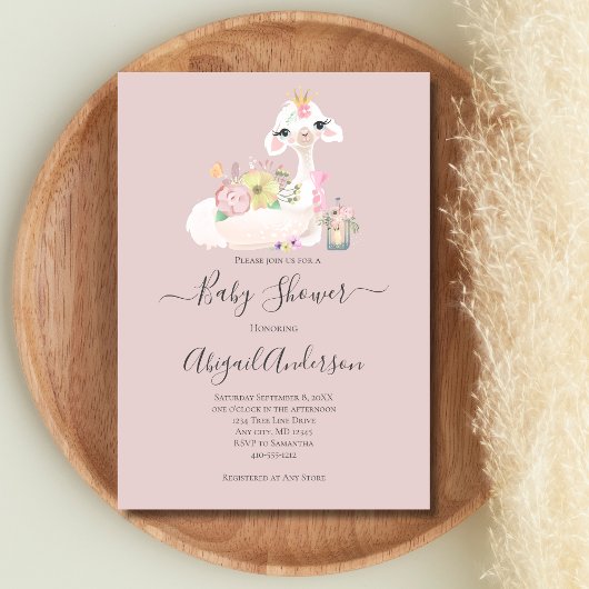 Invitation Bébé Llama Baby shower rose blanc Fleurs