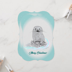 Invitation Bébé loutre de mer blanche mignonne, Joyeux Noël