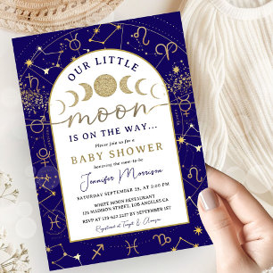 Invitation Bébé Lune Céleste Shower Garçon Bleu Nuit Or