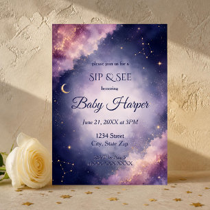 Invitation Bébé Lune et Étoiles Célestes Aquarelle Sip and Se